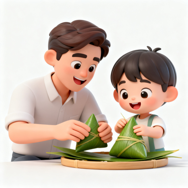 爸爸和孩子一起开心包粽子，爸爸耐心教学，孩子认真学习，人物采用3D立体卡通形象，突出开心、温馨的人物表情，纯白色背景，整体画面明亮干净，风格清新温馨预览效果