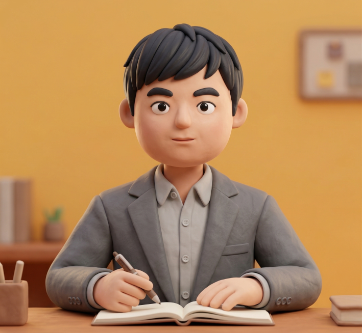 参考图一的3D粘土卡通风格，将图二中的亚洲男性转换为同风格的3D卡通形象，进一步强化面部卡通圆润化处理，保留图二男士黑色短发发型、面部五官特点、灰色西装搭配浅灰色衬衫的服装细节，以及手持笔放在笔记本上预览效果