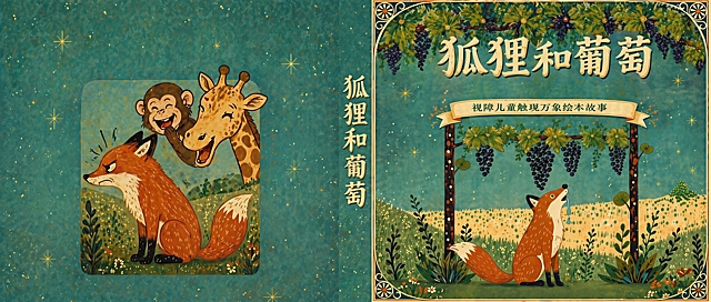将图二（封面）放在左侧，图一（封底）放在右侧，中间加入一个宽度为2单位、高度为17单位的书脊，整体生成一张宽度为36单位、高度为17单位的横幅图片。书脊上添加文字"狐狸和葡萄"，字体风格需要和整体图片的字体保持统一，书脊上的字体不要太大。整体保持两张图原有的复古插画风格，配色保持一致。