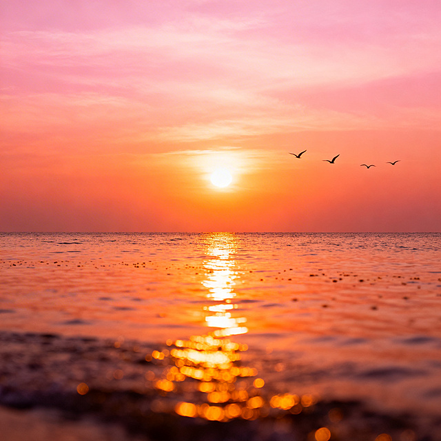 唯美日落，橙粉色的天空晕染开柔和的光晕，金色的夕阳将海面染成暖橙色，远处有几只归鸟掠过天际，海面泛起细碎的金色波光，氛围宁静治愈