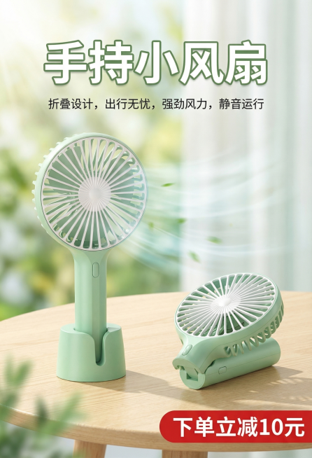 浅绿色手持折叠小风扇电商主图，添加文案：手持小风扇，折叠设计，出行无忧，强劲风力，静音运行，下单立减10元，清新夏日风格，突出产品卖点，干净舒适背景预览效果