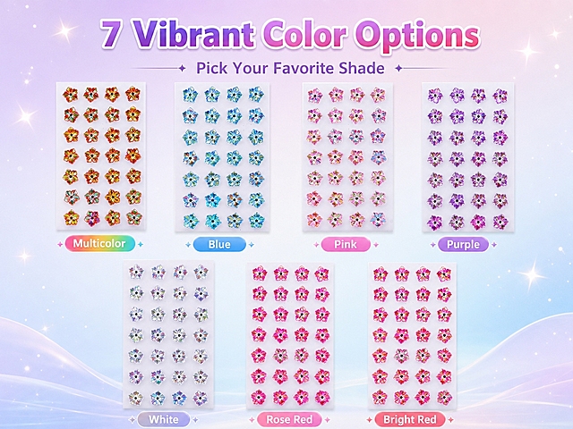 Amazon mobile A+ color options banner, 600x450px vertical layout. Top centered title: "7 Vibrant Color Options" with subtitle "Pick Your Favorite Shade". Middle-lower area: 7 full sheets of five-petal flower holographic gem stickers in different colors, arranged in two rows (top row 4, bottom row 3). All have transparent base, five-petal shape, iridescent acrylic texture. 7 colors in order: Multicolor, Blue, Pink, Purple, White, Rose Red, Bright Red. Each has small English name label below. Background: soft gradient of light lavender, light pink, ice blue with small starlight. Neat clear SKU display style, strong color variety presentation, mobile-friendly layout.