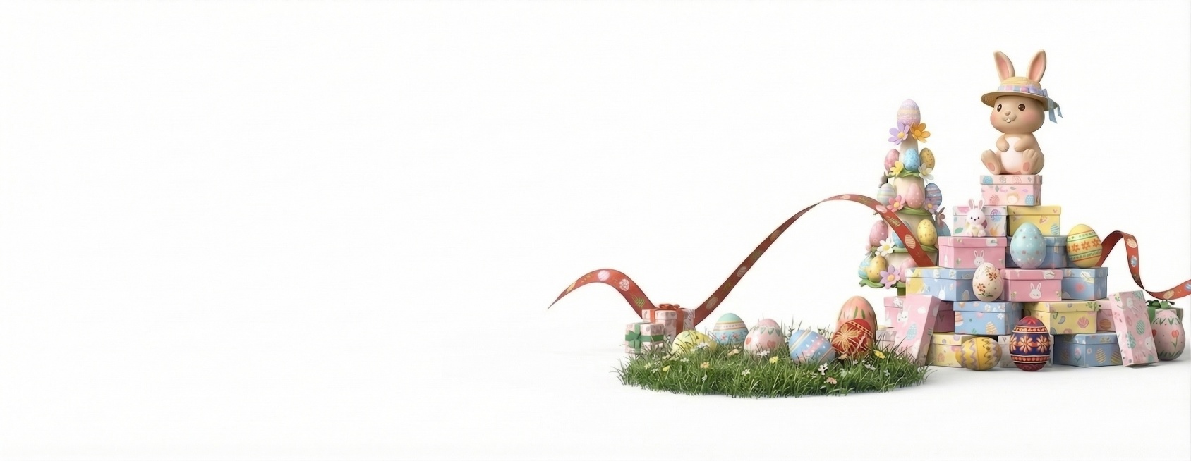 保留复活节所有装饰元素，包括兔子彩蛋礼物礼盒、草地，移除画面中的喷枪，保持整体布局和前后层次感，背景保持纯白色，维持3D渲染风格，填补喷枪移除后的区域和周围风格一致预览效果