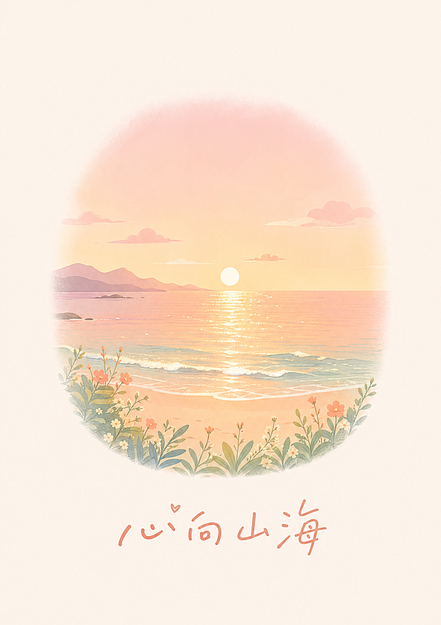 奶油治愈风风景平面插画，粉橙色渐变天空均匀铺展，海面泛着落日细碎金光，简约干净的平缓海岸线，画面规整柔和、松弛治愈，底部搭配手写体简洁治愈文案"心向山海"，主体严格居中，四周均匀留白预留裁切空间，300DPI超清印刷画质，柔雾渐变质感，纯平面无边框无实景样机