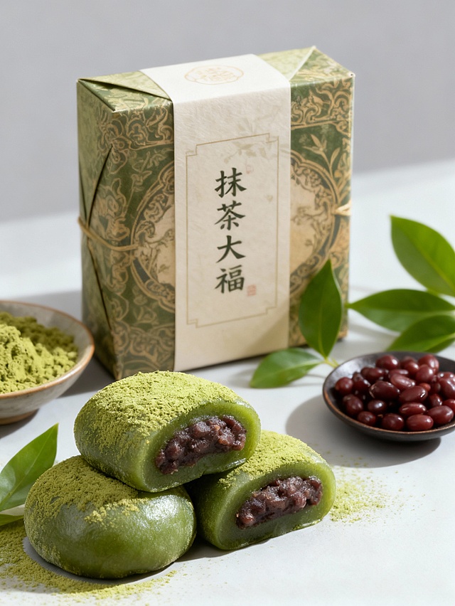 清新抹茶大福，东亚风重拟物设计，印刷质感包装，搭配红豆与绿叶，传递柔和舒适感。