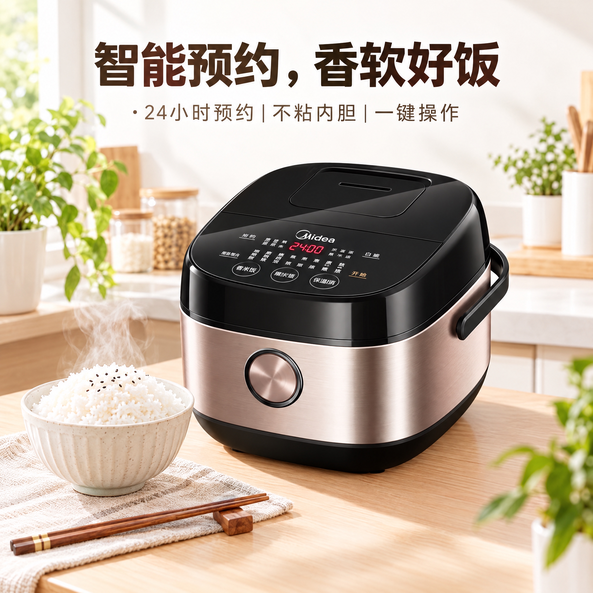 现代简约风格电饭煲电商海报，主色调为白色和浅木色，营造温馨家庭… - 图片创意预览