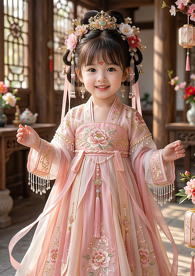 2岁漂亮小公主，粉色汉服，带有复杂发饰的小公主发型，大大眼睛，可爱有灵性，喜庆，笑脸相迎的艺术写真，超高清画质