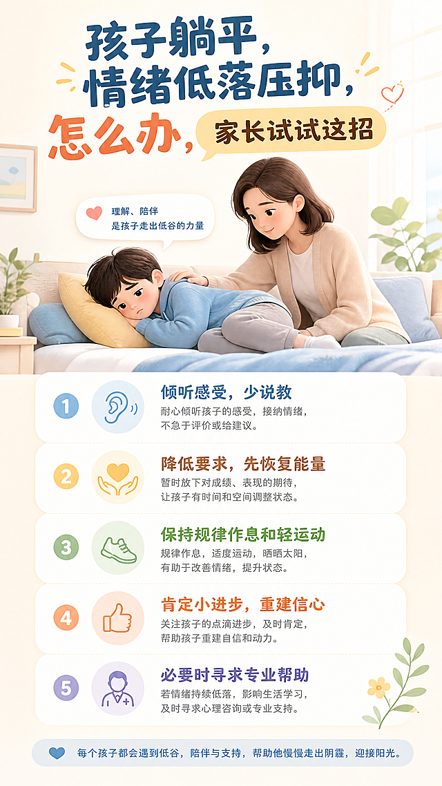 育儿科普宣传图，主题为孩子躺平、情绪低落压抑应对方法，风格温暖专业，明亮柔和配色，画面顶部显示大字标题"孩子躺平，情绪低落压抑，怎么办，家长试试这招"，整体积极正向，治愈风格，干净简洁，无违规内容