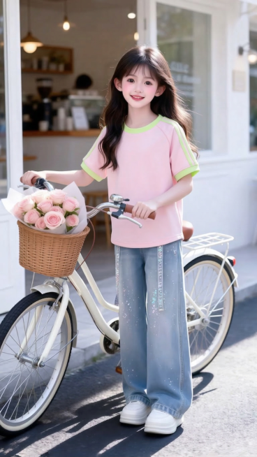 用图1短袖替换掉图2的模特身上穿的衣服，保留原场景光影，保持图2的人物的五官和发饰不变，下身穿着不变，姿势不变，背景不变，图片宽高尺寸不变，保持图1的短袖的款式材质不变和颜色不变，高清预览效果