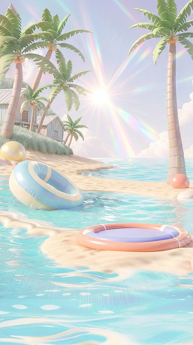 Create an image of the sea, a summery atmosphere, soft pastel colors, a dreamy feel, and a subtle holographic effect, while maintaining the original image details.