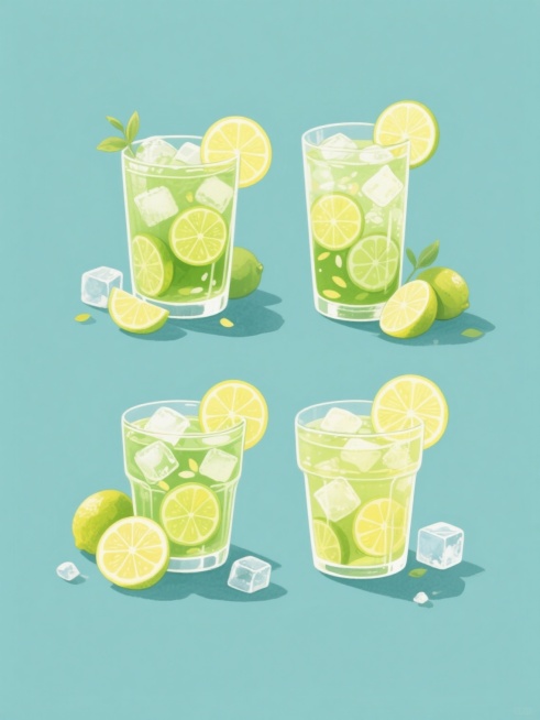 水彩风格插画，纯色背景，四杯不同造型的柠檬茶整齐排列成上下两行，每杯柠檬茶都装有绿色的茶汤，杯中有冰块和切片柠檬，杯口装饰有柠檬片，周围散落着完整的柠檬和冰块，光影明亮，色彩清新，画面充满夏日清凉感。预览效果