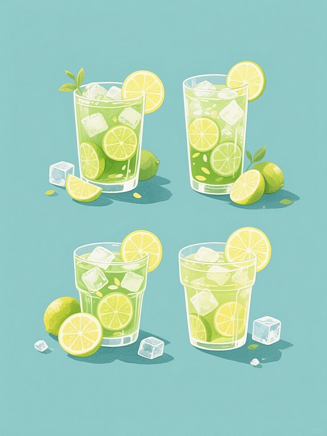 水彩风格插画，纯色背景，四杯不同造型的柠檬茶整齐排列成上下两行，每杯柠檬茶都装有绿色的茶汤，杯中有冰块和切片柠檬，杯口装饰有柠檬片，周围散落着完整的柠檬和冰块，光影明亮，色彩清新，画面充满夏日清凉感。