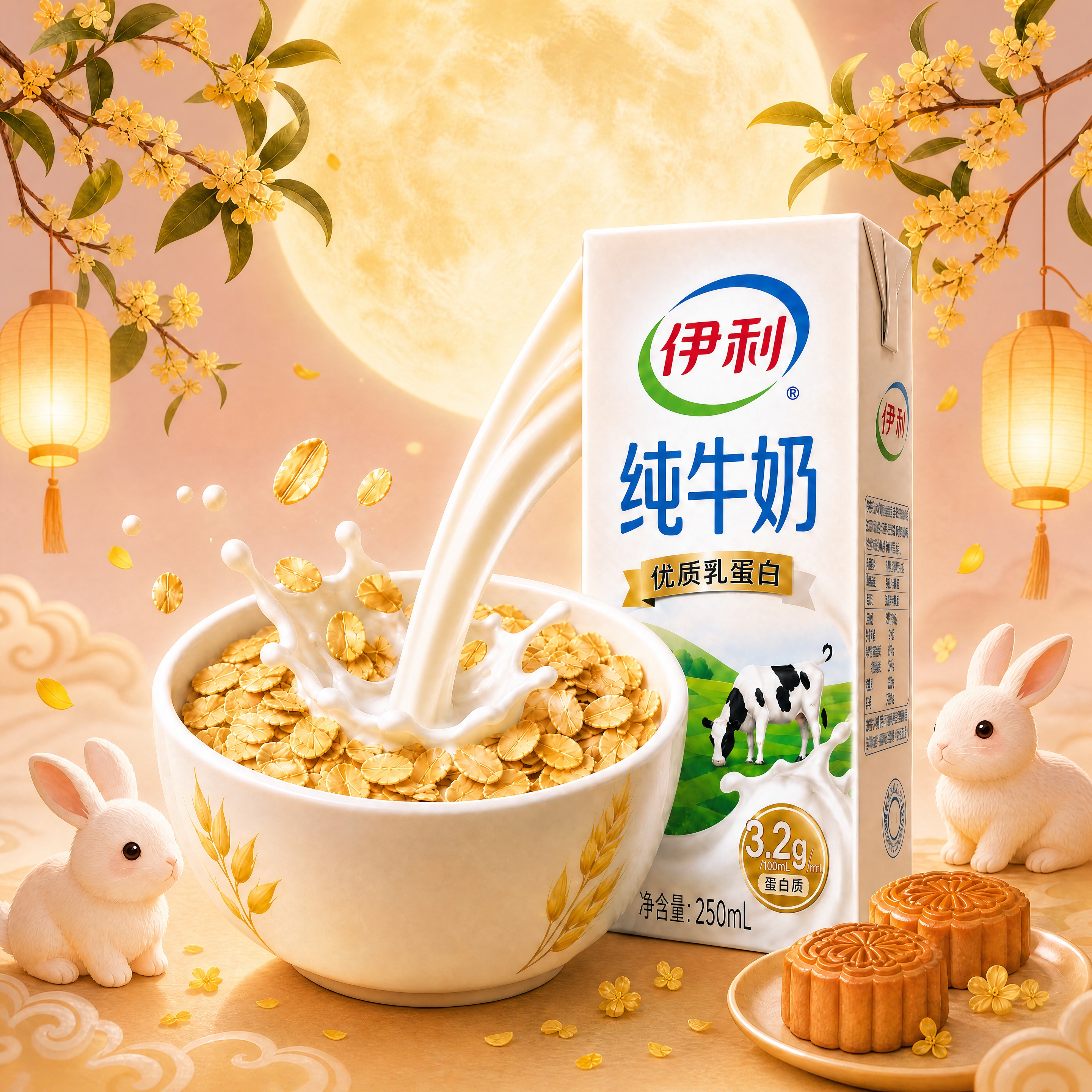 伊利纯牛奶产品组合（牛奶盒、燕麦碗、牛奶飞溅效果、燕麦片）严格… - 图片创意预览