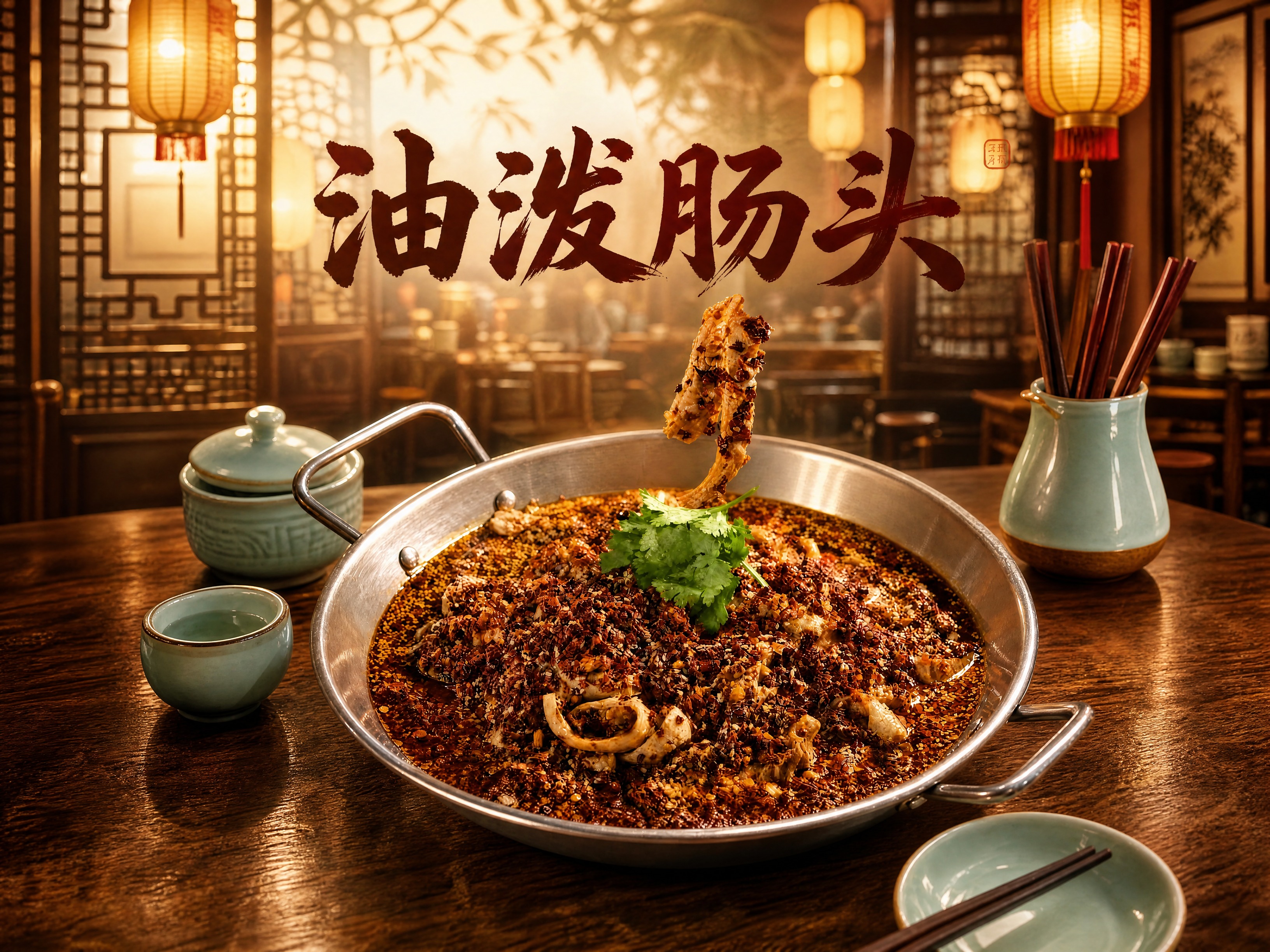 将这张油泼肠头菜品图调整为4:3比例，保持菜品主体、"油泼肠头… - 图片创意预览