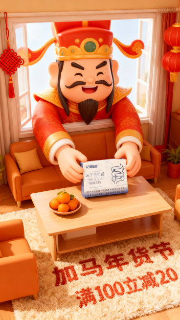 3d卡通风格，客厅景观。Q版巨大灶王爷（形象软萌）从窗户外探身进来，双手把图中主体放在客厅桌上（桌面摆放橘子、果盘），客厅装饰中国结、灯笼元素，暖色调喜庆氛围，画面底部毛绒地毯上绣着“加马年货节”“满预览效果