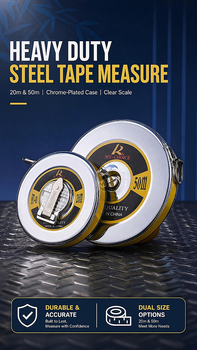 [第1张] Amazon product detail page hero banner - MY-CHOICE Retractable Steel Tape Measure (20m & 50m dual size showcase). This image uses [image1] as the product subject.
[Atmosphere/Style] Industrial minimalist, Amazon cross-border e-commerce style, commercial photography texture, professional and trustworthy, clean and high-end.
[Element Layout] Two tape measures (20m on the left, 50m on the right) placed on a textured dark metal workbench surface, occupying about 60% of the image in the middle-lower area; upper left area reserved for title text; background is deep blue gradient with subtle vertical industrial lines and faint bamboo leaf decoration on top left; product chrome shell reflects light, yellow-black label is clear, belt clip and metal buckle details are visible; product physical structure, proportion, material texture, color are completely consistent with the input product image.
[Light Texture] Top-left soft main light + right side fill light, strong metallic reflection on the chrome shell, clear highlight edges, natural soft shadow below the product, overall bright and layered.
[Color System] Global background color #1a2a4a deep blue gradient; main color silver chrome + yellow-black label; auxiliary color dark blue background, dark gray workbench.
[Perspective Composition] Slightly elevated front view, shallow depth of field, product as visual center, reading flow: top-left title → middle product → bottom information strip.
[Text Layout] Layout: top-left title area + center product + bottom information strip. Main title "Heavy Duty Steel Tape Measure", subtitle "20m & 50m | Chrome-Plated Case | Clear Scale"; bottom left feature tag "Durable & Accurate", bottom right spec tag "Dual Size Options"; all text in English, bold sans-serif font, white and yellow color matching, text does not obscure the product body.
[Negative Prompts] Deformation, watermark, garbled text, text too small, missing parts, structural errors, color deviation, blurry product image, messy background, Chinese characters.