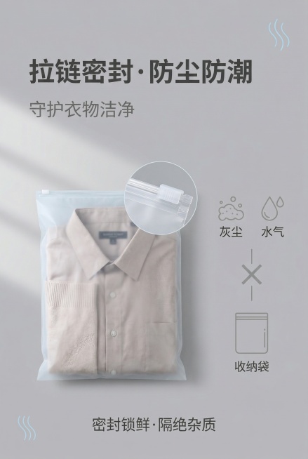 第4屏：拉链密封+防尘防潮场景化呈现，严格还原上传产品参考图，精准复刻包装设计、产品配色、LOGO位置及比例、文字内容及字体、图案元素及细节，无任何偏差，色彩无失真；产品与画面中其他物体的比例遵循真实预览效果