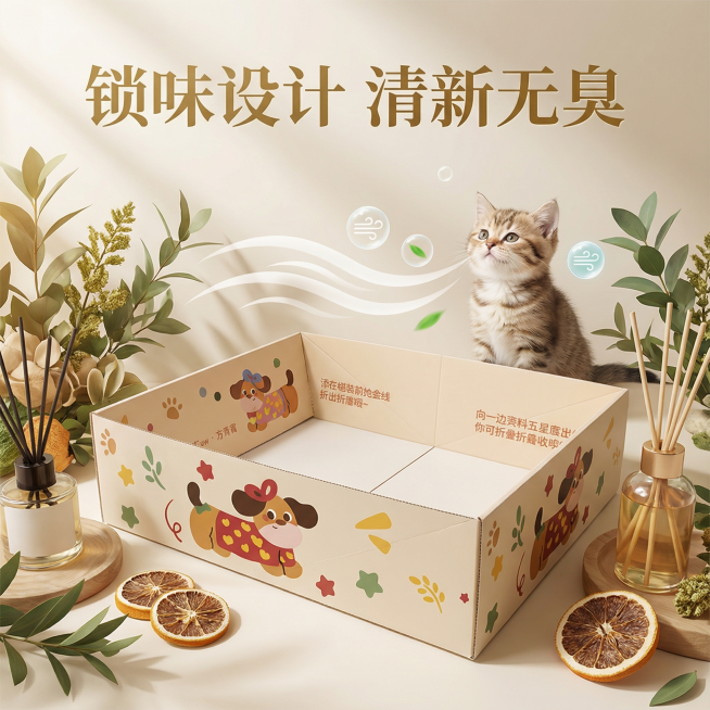 这张图片是产品主体这款产品是一次性猫砂盆 产品主体颜色不改变 我需要设计20张主图在拼多多上面售卖   主图场景布局设计用小猫等 等背景元素 整体色调暖色，可爱 显得高级一些  主图文案内容 月刨猫砂预览效果