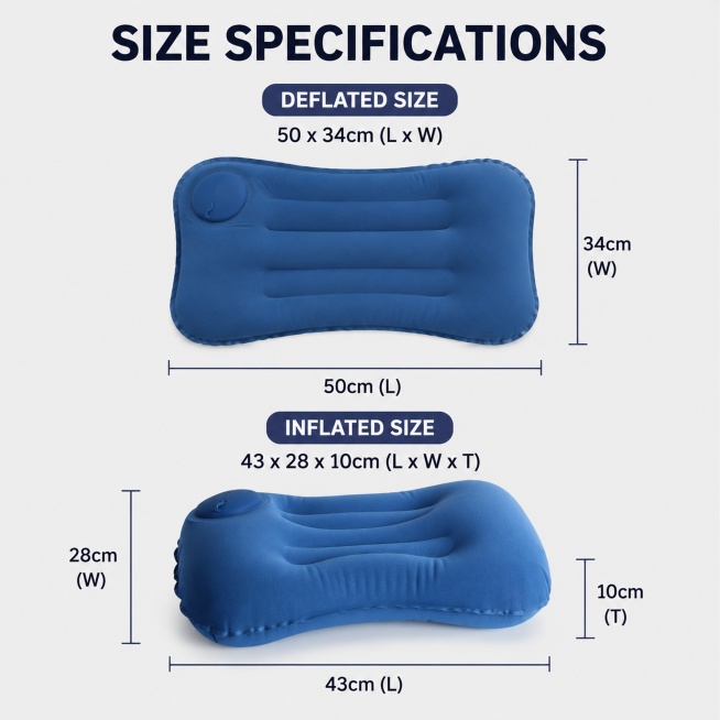Generate a size specification main image for navy blue inflatable pillow, place the product in the c预览效果