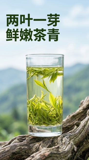 [第三屏]冲泡后叶底展示，乡野自然风格
[氛围风格] 清新自然，通透鲜活，乡野氛围感
[画质] 商业摄影质感，清晰通透，细节饱满，画面干净高级
[元素] 透明玻璃杯中放置舒展的冲泡后绿茶叶底，清澈透亮预览效果
