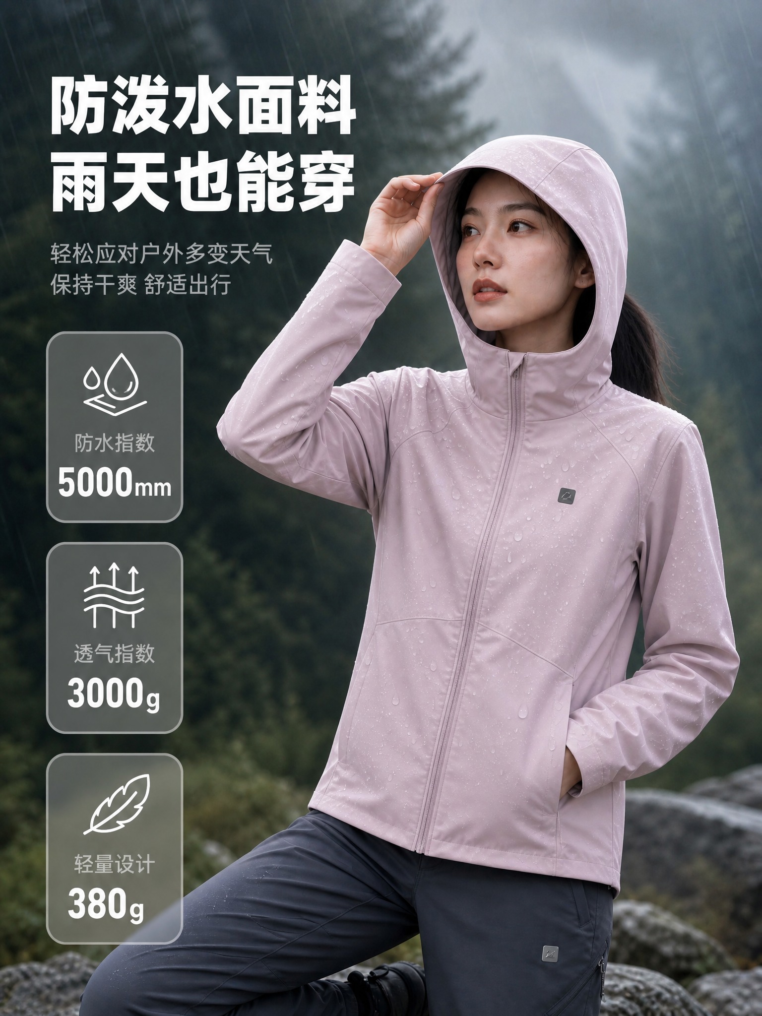 在这张粉色外套防泼水主图的基础上，去掉帽子两侧的调节绳和金属气… - 图片创意预览