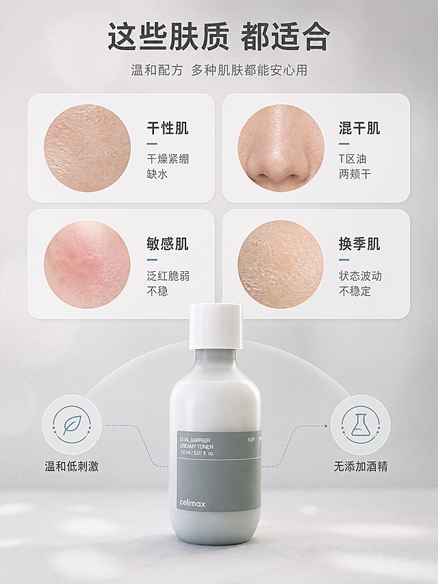[商品] 使用【图1】Celimax 双重屏障柔肤水，150ml奶白色磨砂圆瓶，白色瓶盖，灰色标签；保留瓶身结构、颜色、材质、Logo和标签文字；产品放在画面底部中央。
[画面] 页面目标：适用肤质与困扰匹配，精准触达目标人群。构图：上半部分2×2四格肤质卡片网格，每格为圆形肌肤微距+肤质名称+适用理由；四格分别为：干性肌-干燥紧绷缺水、混干肌-T区油两颊干、敏感肌-泛红脆弱不稳、换季肌-状态波动不稳定；下半部分中央摆放产品瓶身，两侧配安心卖点图标；背景为浅雾灰色渐变，搭配柔和光斑；整体3层以上视觉层次。
[视觉] 套系策略：风格=极简高级韩系护肤商业摄影；标题字=现代无衬线粗体中文；正文字=简洁无衬线体；主色=雾面灰白；背景延展=基于雾面灰白做深浅渐变、柔焦光斑和细腻磨砂质感；强调色=低饱和雾霾蓝，仅用于小面积图标、引线和标签；标题色=深炭灰；正文色=中暖灰；组件=圆角浅底信息卡、细线引线、圆形icon；光影=左前侧柔和漫射光，产品底部自然投影。
[文字] 顶部主标题「这些肤质 都适合」，副标题「温和配方 多种肌肤都能安心用」；每格卡片内标注肤质名称和1句简短理由；底部产品两侧配2个安心标签：温和低刺激、无添加酒精；文字均横向排版，字号保证手机端清晰可读。
[规格] 图片比例3:4竖版，4K分辨率，负向提示：避免医疗功效表述、治疗承诺、文字过小、瓶身变形、标签错乱、绝对化用语、肌肤图像过于写实令人不适。