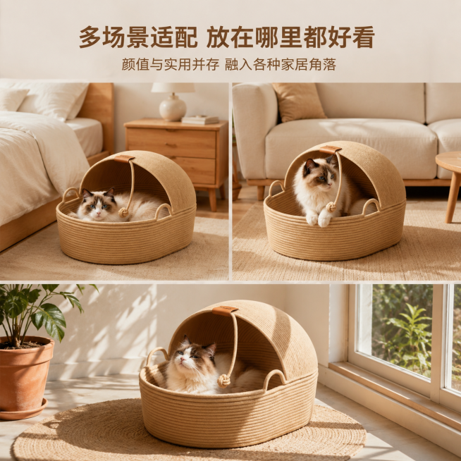 1:1 竖版电商主图，严格还原上传的天然绳编半封闭猫窝产品，包括浅卡其色绳编材质、半封闭穹顶造型、顶部棕色皮质标、绳结装饰、两侧提手等所有细节，产品外观、配色、材质质感完全与参考图一致，保持哑光绳编的预览效果