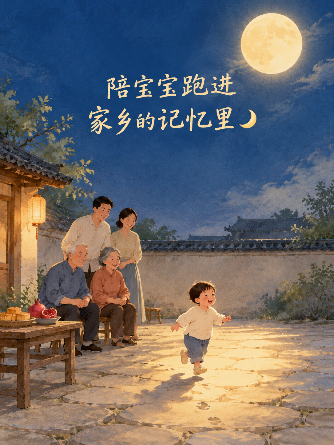 中秋节日海报，简洁温暖的国风手绘水彩风格。画面中央偏上位置是主… - 图片创意预览
