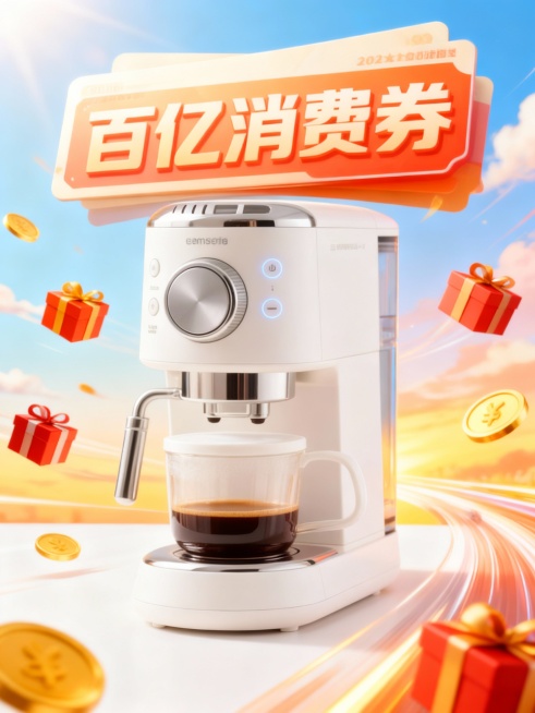 画面以明亮的淡蓝到橙黄的渐变天空为背景，营造出梦幻且富有活力的氛围。平台上立着一个巨大卡片“百亿消费券”。参考图中的商品围绕着券飞翔，后面有速度线，同时飞着礼盒、金色硬币等元素预览效果