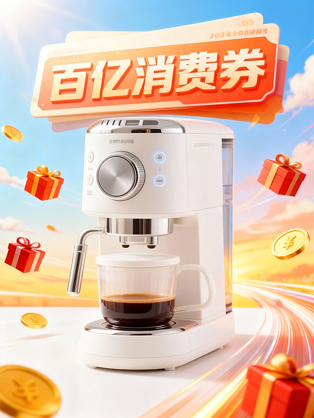 3D重拟物风格咖啡机，金属质感搭配塑料光泽，波普艺术色彩碰撞，金币礼盒飞舞，强化促销感，营造节日消费狂欢氛围。