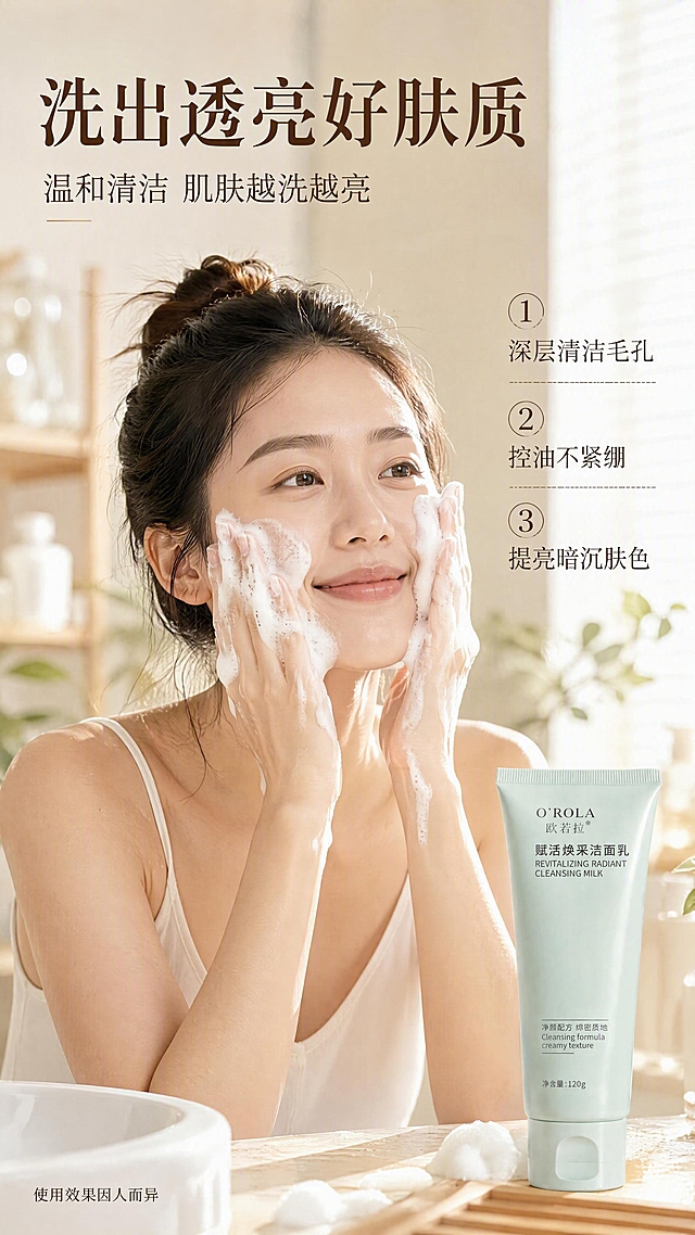 [第5张] 真人效果页 - 欧若拉赋活焕采洁面乳模特洁面使用过程与肌肤状态展示。本张使用【图1】作为商品主体，保持产品外观一致。
[氛围/风格] 清新自然护肤风，暖调柔光，亚洲年轻女性，真实使用场景感，干净治愈。
[元素布局] 画面主体为一位亚洲年轻女性（25岁左右，干净素颜，肌肤透亮）正在用洁面乳洗脸的半身特写，双手搓出泡沫轻揉面部，表情放松愉悦；画面右下角放置洁面乳产品，占比约20%；背景为浴室洗手台场景，模糊虚化，有柔和自然光从窗户射入；周围点缀细腻泡沫元素。
[光影质感] 侧前方柔和自然光，人物面部光影均匀，肌肤呈现通透光泽，整体温暖明亮，生活感强。
[配色色系] 全局底色 #F5EFE6（米杏暖调）；主色 肤色自然色调；辅助色 #C8DDD4（薄荷绿）、白色、浅木色。
[视角构图] 人物居中偏左，产品在右下，阅读动线从人物面部到产品，自然有故事感。
[文字版式] 左上主标题「洗出透亮好肤质」，深棕色大号字体；副标题「温和清洁 肌肤越洗越亮」；右侧竖排三个编号卖点「① 深层清洁毛孔」「② 控油不紧绷」「③ 提亮暗沉肤色」；底部小字标注「使用效果因人而异」；文字不遮挡人物面部和产品，清晰可读。
[比例分辨率] 9:16 竖版比例，4K 分辨率，文字清晰可辨，高清画质。
[负向提示词] 产品变形，包装文字错误，人物面部失真，夸张前后对比，医疗化承诺，水印，文字过小，绝对化用语。