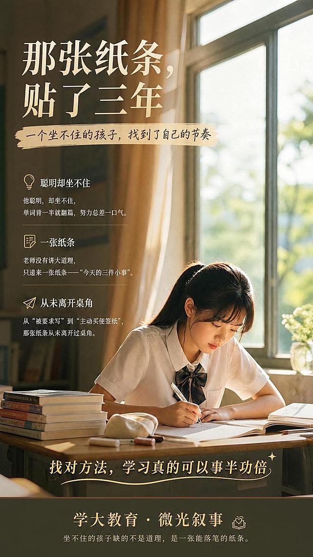 在这张教室学生学习的图片中，把以下文字排版填写进去，要求文字排版规范，布局合理，颜色搭配协调，画面整体高端大气，温暖明亮，质感高级：
【大标题】那张纸条，贴了三年
【副标题】一个坐不住的孩子，找到了自己的节奏
【小标题】聪明却坐不住
他聪明，却坐不住，单词背一半就翻篇，努力总差一口气。
【小标题】一张纸条
老师没有讲大道理，只递来一张纸条——"今天的三件小事"。
【小标题】从未离开桌角
从"被要求写"到"主动买便签纸"，那张纸条从未离开过桌角。
【标题】找对方法，学习真的可以事半功倍
【标题】学大教育 · 微光叙事
坐不住的孩子缺的不是道理，是一张能落笔的纸条。