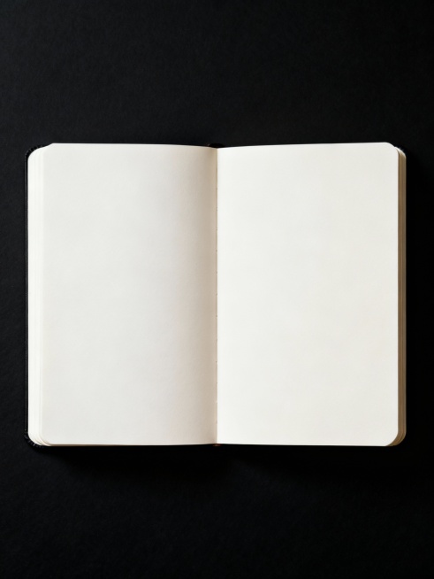 黑底上摊开的笔记本，内页留空中央区域干净留白。预览效果