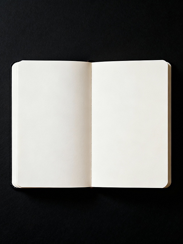 黑底上摊开的笔记本，内页留空中央区域干净留白。