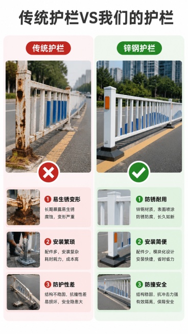 [第2屏] 采购痛点对错对比板块——传统道路护栏vs本款城市交通锌钢护栏对比图。本屏使用【图1】作为本款护栏展示主体。
[氛围/风格] 清晰对比风，专业工程质感，左右分栏对比直观。
[元素布局] 画面预览效果