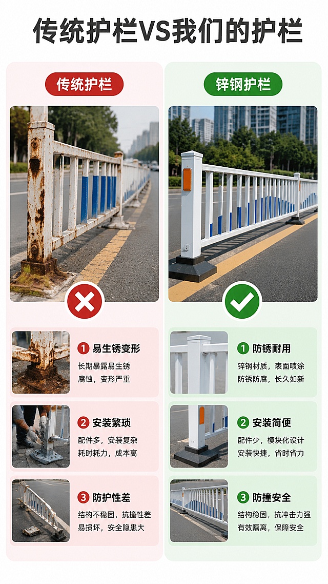[第2屏] 采购痛点对错对比板块——传统道路护栏vs本款城市交通锌钢护栏对比图。本屏使用【图1】作为本款护栏展示主体。
[氛围/风格] 清晰对比风，专业工程质感，左右分栏对比直观。
[元素布局] 画面左右平分两栏，左侧展示传统劣质护栏问题场景，右侧展示本款锌钢护栏（使用图1产品）优势展示；中间用红色叉号和绿色对勾标注区别，上方大标题点明对比主题，每栏下方配3个痛点/优势要点标注。
[光影质感] 均匀布光，左右光影一致，对比清晰，产品和文字都清晰可读。
[配色色系] 全局底色 #ffffff；左侧痛点区域浅红底标注，右侧优势区域浅绿底标注，深灰文字。
[视角构图] 左右对比构图，双栏对称，阅读动线从上到下从左到右。
[文字版式] 顶部总标题「传统护栏VS我们的护栏」，左侧小标题「传统护栏」标注痛点「易生锈变形/安装繁琐/防护性差」，右侧小标题「锌钢护栏」标注优势「防锈耐用/安装简便/防撞安全」，文字清晰分区，不遮挡产品主体。
[比例分辨率] 9:16竖版比例，4K分辨率，文字清晰可辨，高清画质。
[负向提示词] 产品变形，文字错乱，左右不对称，颜色混杂，水印，产品模糊
