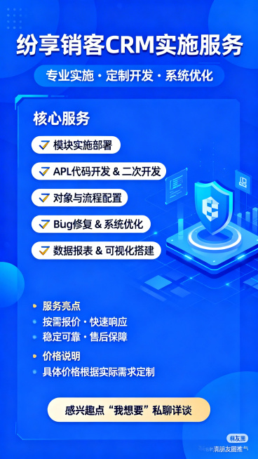 商业宣传海报，顶部大标题“纷享销客 CRM实施服务”，副标题“专业实施・定制开发・系统优化”；核心服务部分列出：✅ 模块实施部署 ✅ APL 代码开发 & 二次开发 ✅ 对象与流程配置 ✅ Bug 修预览效果