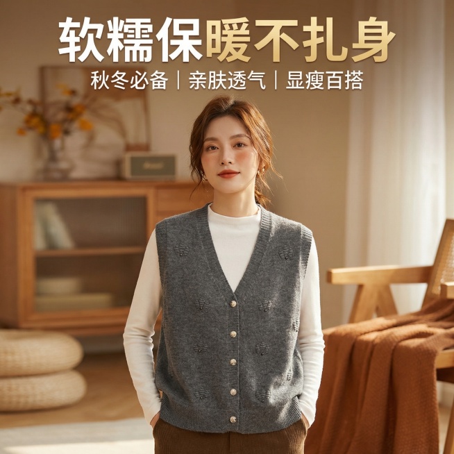 生成抖音商品主图，参考提供的针织马甲开衫款式，主推灰色款，由模特穿着白色长袖内搭搭配展示，画面添加文字“软糯保暖不扎身 秋冬必备｜亲肤透气｜显瘦百搭”，整体风格适合电商推广，清晰突出产品质感。预览效果