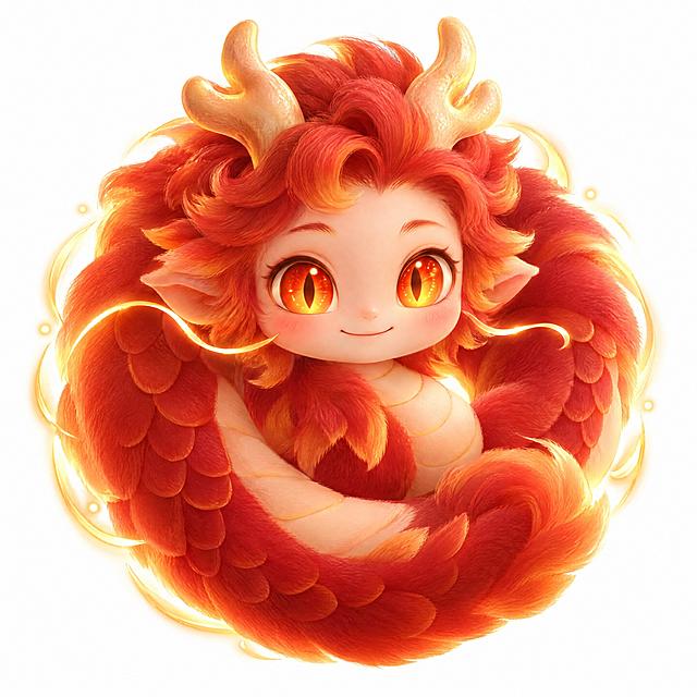 山海经烛阴（烛龙）儿童伴学神兽LOGO形象，纯神兽造型，不拿任何物品。龙的形态：温润少年人脸，柔和轮廓，淡淡的眉毛，表情温和友善不狰狞。竖瞳大眼睛，发光橙红色瞳孔，眼神明亮温暖，是标志性元素，代表点亮知识。头顶有龙角，身体是圆润简化的赤红长龙身，简化鳞片，线条流畅，卷曲成圆形造型，毛绒绒的质感。主色调赤红色加暖橙色光，周身有柔和微光光晕，寓意点亮阅读、照亮文字迷雾。整体风格可爱柔和，毛绒3D卡通质感，Q版比例，适合做LOGO。白色背景，圆形构图，细节精致。