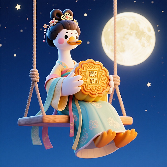 鹅形象拟人化（嫦娥打扮），抱着一个巨大的月饼，坐在夜空的秋千上。干净的中秋夜空背景。元素完整。