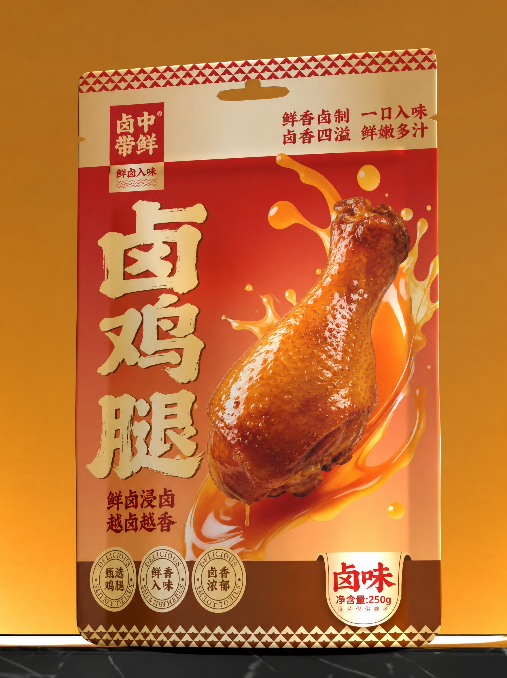 参考图中的卤味食品包装袋设计风格，将产品改为卤鸡腿，品牌名"食… - 图片创意预览