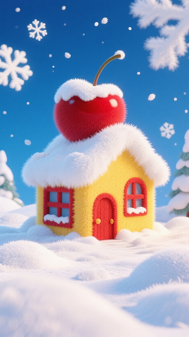 画面中心是黄色小房子（红色门和窗），屋顶覆盖白雪，房顶上有一个巨大的被雪覆盖的红色樱桃，深蓝色天空，周边飘着白色雪花，地面有积雪