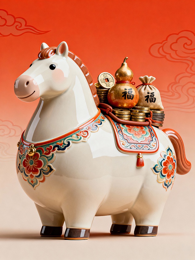 这是一幅陶瓷工艺马主题艺术设计：夸张图形构建1匹胖胖的马，撑满画面的以唐马为原型设计马年IP形象：摒弃所有琐碎细节，用极简线条与基础几何形态构成（圆滑），完整姿态，精致的中式花纹（唐彩），俏皮可爱，极度夸张的流线型肥胖身躯完全占据画面（突出形成视觉节奏，避免单调。马背驮着铜钱、葫芦、福、钱袋等，背景是橙红色向肉色渐变（从上往下）背景有云纹，色彩策略：高饱和碰撞