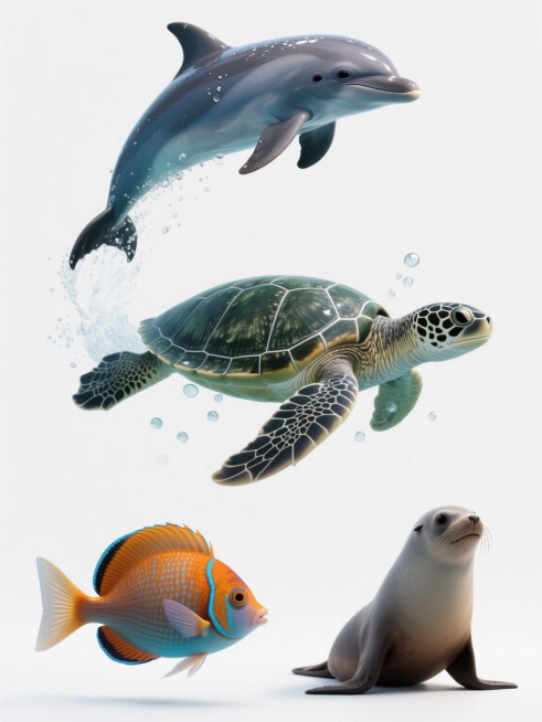 一套四个海洋动物系列素材集合，每个元素内容完全不同，保持与原图一致的超写实风格，以纯净的白色为纯色背景，元素规整排布。第一个元素是一只跃出水面的海豚，身体呈现蓝灰色渐变，带有湿润的光泽感和飞溅的水珠；第二个元素是一只优雅游动的海龟，深绿色的背甲上有着清晰的纹理，四肢舒展，周围环绕着细小的气泡；第三个元素是一条色彩斑斓的热带鱼，橙色和蓝色的鳞片在光线下闪闪发光，尾巴轻盈摆动；第四个元素是一只憨态……预览效果