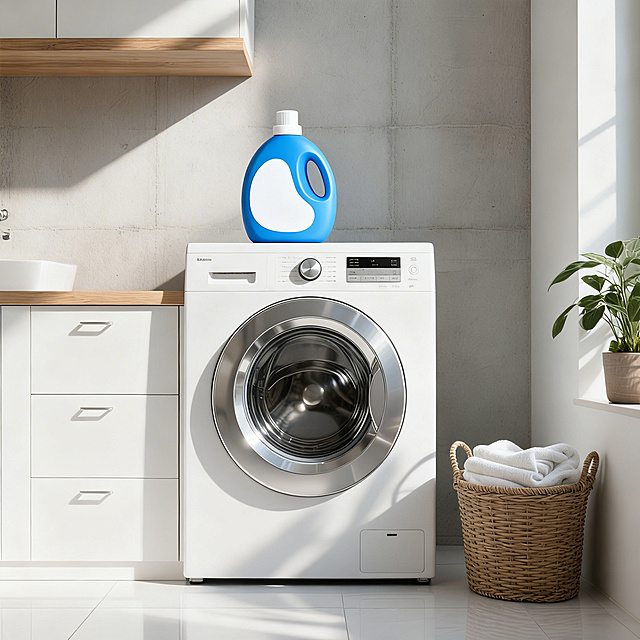 将这个蓝色洗衣液瓶添加到之前生成的超写实白色滚筒洗衣机台面上，移除台面上原有的玻璃杯、米色按压瓶、棕色小瓶，仅保留该洗衣液瓶，保持整体场景的超写实风格、光影效果和现代简约干净的家居氛围不变