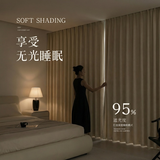 不改变窗帘的面料材质，切换不同的家装场景（最好是现代风奶油风），要求是在昏暗的室内，展示窗帘的遮光效果很好，改变角度，保留文字，一次生成4张；预览效果