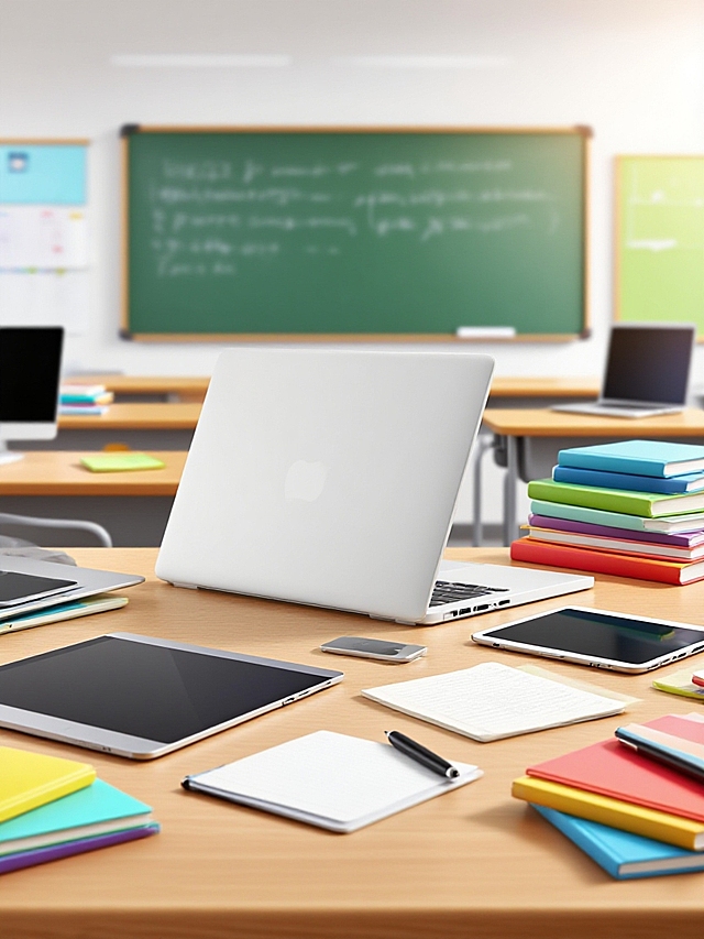 现代教室，简约扁平风设计，科技设备与彩色书籍交织，清新明亮，展现未来教育理念。