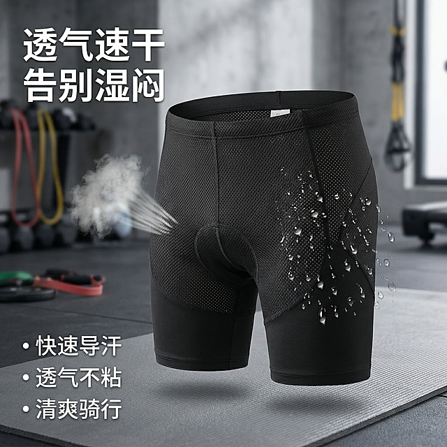 [主图5 速干功能展示] 黑色骑行内裤功能展示图，突出透气速干特性，产品外观保持一致，外部看不到红色硅胶垫。背景为简洁健身房场景，用水滴元素直观表现透气速干性能，左上角标题 "透气速干 告别湿闷"，左下角卖点展示 "快速导汗 | 透气不粘 | 清爽骑行"，整体画面干净清晰，功能卖点直观。