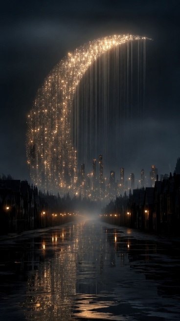 参考原图的梦幻夜景风格，保留月牙形状的灯光雨幕，保留湿滑反光街道和两侧建筑，清除画面中间打伞的人物预览效果
