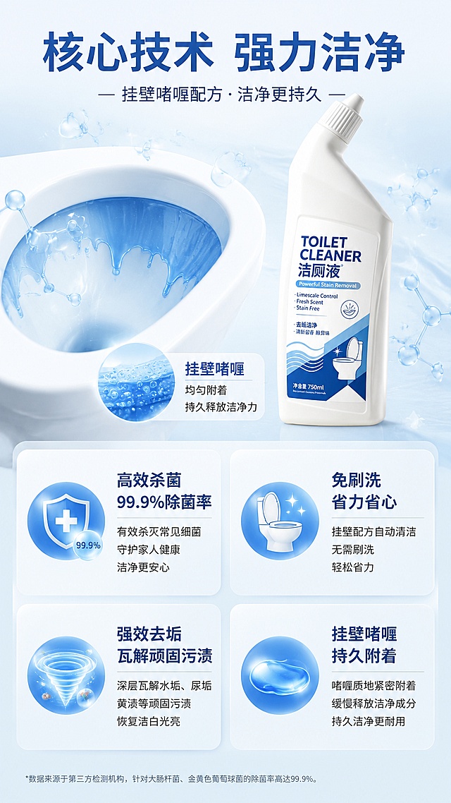 [第3屏] 核心功效解析，展示洁厕液挂壁啫喱配方与杀菌功效。本屏使用【图1】作为产品主体
[氛围/风格] 专业功效解析风，干净清爽科学感
[元素布局] 上下分栏构图，上半部分产品搭配原理示意图，下半部分分点解析功效。产品放置在上半部分右侧，左侧为挂壁效果示意图，展示啫喱在马桶内壁均匀附着的状态，下半部分用四个色块分别承载四个核心功效说明。瓶身结构和颜色与输入产品图保持一致
[光影质感] 均匀柔和布光，重点区域提亮突出产品与功效信息，整体干净通透
[配色色系] 全局底色 #F0F7FC，主色清爽蓝色，辅助色白色和浅灰，深蓝色文字
[视角构图] 上下分层构图，先产品原理，后功效解析，信息层级清晰
[文字版式] 顶部主标题「核心技术 强力洁净」，分四个信息块标注：「高效杀菌，99.9%除菌率」「免刷洗，省力省心」「强效去垢，瓦解顽固污渍」「挂壁啫喱，持久附着」，每个卖点搭配小图标，文字清晰易读，信息层级分明
[比例分辨率] 9:16 竖版比例，4K分辨率，文字清晰可辨，高清画质
[负向提示词] 产品变形，结构错误，文字模糊，文字错乱，背景杂乱，夸张恶心污渍